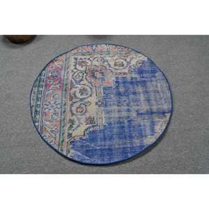 Tapis Vintage Turc Classique Bleu 3,4 pieds en Laine Patchwork Plat Tissage Design pour Décorations de Salon avec Support en Latex - Product Image 3