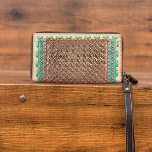 มือเครื่องมือแกะสลักหนังกระเป๋าสตางค์คลัทช์เคสโทรศัพท์คอลเลกชันมีสไตล์หลายใช้กระเป๋าสตางค์กระเป๋าสตางค์สีเทอร์ควอยซ์สําหรับผู้หญิง - Product Image 5