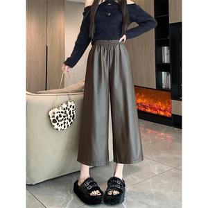 Otoño Invierno simplicidad pantalones de cuero mujer moda Vintage pierna ancha suelta cintura alta recto todo-fósforo Casual recortado Pantalones - Product Image 4