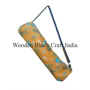 Indian yellow Floral HandBlock Quilted Cotton Fabric LightWeight Luxury Travel Yoga Mat Bag Zipper Closure Shoulder <b>Strap</b> Summer - Product Image 2