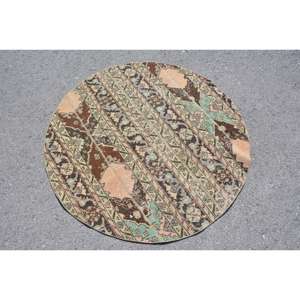 Alfombra Turca Vintage, Redonda de 4.2x4.2 pies, Alfombra de Lana a Cuadros Marrón y Azul - Product Image 2