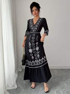 Increíblemente suave 100% algodón Lino Maxi vestido para mujer bordado señora vestido con cintura Natural Casual tejido lavable vestido - Product Image 4