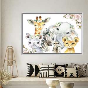 Toile imprimée : Animaux de la savane en aquarelle - Décoration de chambre d'enfant, TOILE ENCADRÉE BLANCHE - Product Image 1