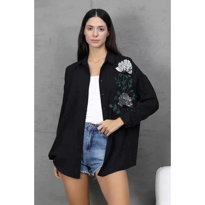 Women's Ayrobin Black Oversize Low Sleeve Shirt with Epaulettes and Sequin Embroidery Pattern Available in Sizes S-M-L-XL