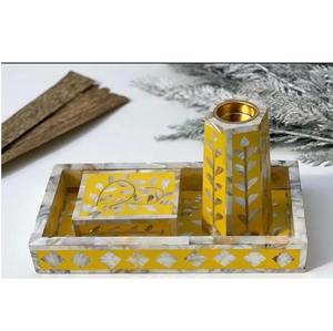 Mop Bakhoor Burner Yellow Colour Handicrafts Mother Pearl Inlay Tray <b>Box</b> <b>Incense</b> Burner Set Ramadan Gift Dukhoon Stonecrafts - Product Image 1