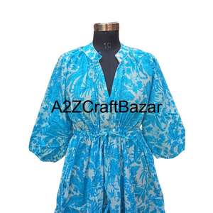 Robe mi-longue à manches longues et col en V, imprimé floral, 100% coton, écologique, coupe ample, bloc de couleur sur le devant, tissu respirant, pour les occasions spéciales - Product Image 3