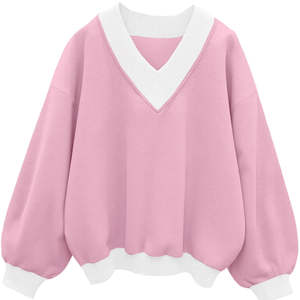 Sweat-shirt à capuche oversize à col en V contrasté, coupe ample, en polaire doux, imprimé, écologique, respirant, pour femme, long, pour l'hiver, devant - Product Image 1