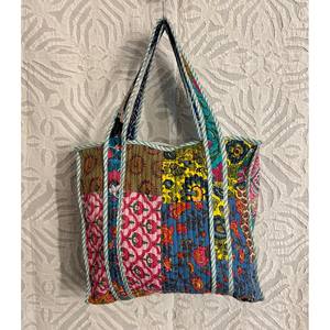 Bolsa de Mano de Algodón con Estampado Floral y Puntos, Bolsa de Playa Lavable de Tamaño Mediano, Acolchada y con Parches Impresos a Mano, para Uso Diario - Product Image 1