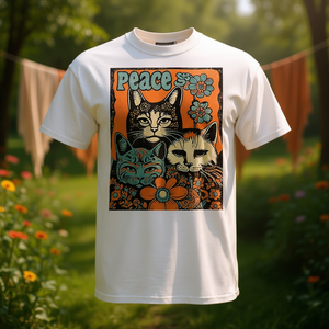 Camiseta promocional vintage de los años 60-70 con diseño de gato hippie, flores psicodélicas y estilo groovy. - Product Image 3