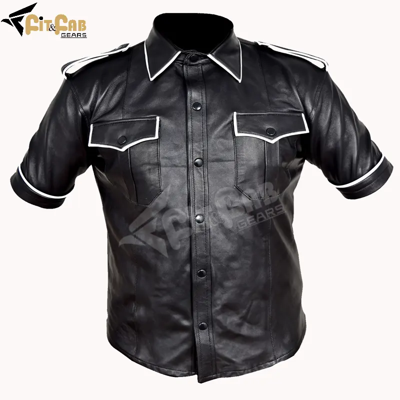 New Arrival Genuine Black Leather Shirt Custom Design White Piping Short Sleeve Leather Button Up Shirt For Men Latest Desig2022