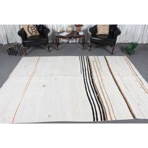Alfombra de lana turca Vintage, alfombra de área de retazos blanca y naranja moderna, técnica de tejido plano de 6,5x9,5 pies, decoraciones de sala de estar de látex - Product Image 2