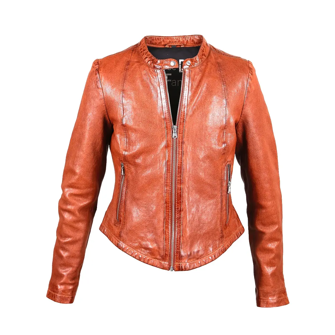 Elegant road runner tan colored women genuine leather jacket outdoor bomba zipper collarless ladies jackets