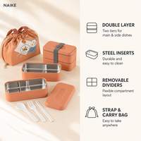 Boîte de préparation de repas double couche profonde avec plateaux intérieurs en acier inoxydable, kit de couverts portable et sac de rangement pour les programmes de restauration et de vente au détail