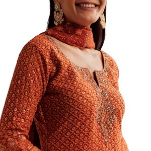 Orange Lucknowi Mirror Zardosi Kurta Palazzo Dupatta Set Venta al por mayor Mujeres Ropa étnica OEM Proveedor de fábrica Traje de fiesta personalizado - Product Image 2
