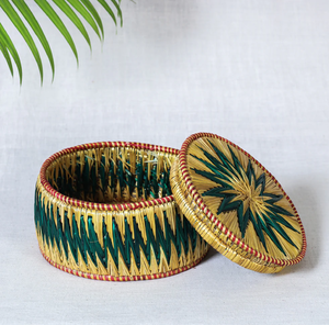 กล่องเก็บหญ้า moonj ที่มีลวดลายซิกแซกสีน้ำเงินอมเขียวและการตกแต่งดอกไม้ที่ไม่เหมือนใครมีจำหน่ายในราคาขายส่ง - Product Image 4