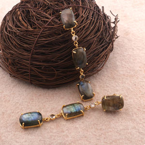 Grande taille déclaration boucle d'oreille véritable labradorite flashy avec cristal délicat quartz goutte boucle d'oreille plaqué or broche réglage dangler - Product Image 4