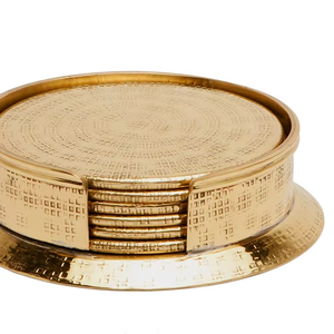 Brass <b>Coaster</b> <b>Set</b> of 4 with Holder | Handmade Luxury Eco-Friendly Metal Drink <b>Coasters</b> Wholesale - Product Image 1