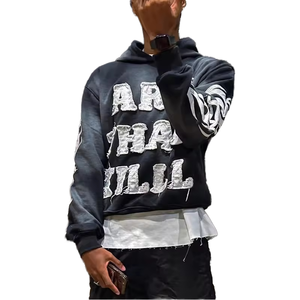 Conjunto de Sudadera con Capucha y Pantalones Deportivos para Hombre, Personalizado con Logotipo, Lavado Ácido, Tejido Grueso, Poliéster/Algodón, Estilo Desgastado - Product Image 3