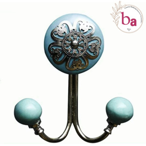 Perillas de cerámica Aqua de filigrana de latón antiguo, gancho de pared pintado a mano - Product Image 1