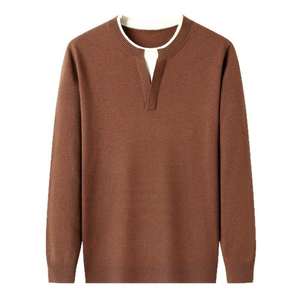Suéter para hombre Jersey de punto marrón cuello de contraste casual cuello redondo suave cálido ropa de invierno elegante - Product Image 5