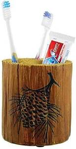 Porte-brosse à dents bûche en bois avec pomme de pin pour brosses et dentifrice, bois d'acacia, 4x3 pouces, naturel - Product Image 4