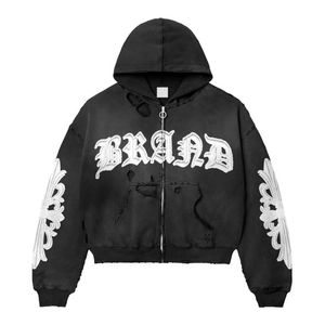 Embroidery Patchwork Distressed Applique Patch Acid Wash Pullover Eco-Friendly Fleece Custom <b>Graphic</b> Zipper Vintage <b>Hoodie</b> - Product Image 1