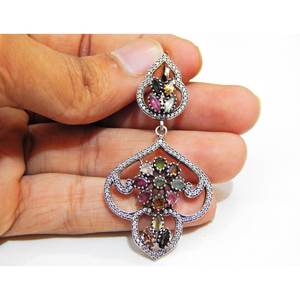 Pendientes de Plata de Ley 925 con zirconia cúbica multiturmalina natural, joyería de boda con diamante, rubí, piedra preciosa, turmalina - Product Image 1