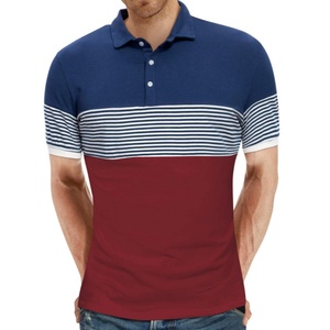 เสื้อโปโลแขนสั้นของผู้ชายเสื้อคอตตอนลายทางปะสีตัดกันแนวสปอร์ตลำลอง - Product Image 6