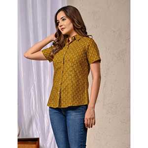 Camisa de Manga Media para Mujer, de Algodón Color Mostaza, Estampada, de Popelina - Product Image 5