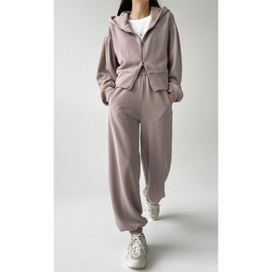 Ensemble de survêtement oversize pour femme en molleton 100 % coton avec fermeture éclair, survêtement uni - Product Image 1