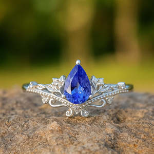 Bague Hallmark Statement avec lotus en argent et tanzanite, diamants ovales taillés en poire en or 10 carats faits à la main, plaqué platine et rhodium pour fiançailles - Product Image 1