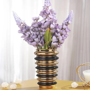 Jarrón cilíndrico de cerámica moteado azul y beige con base marrón para decoraciones de hoteles de oficina en casa disponible a precios al por mayor - Product Image 4