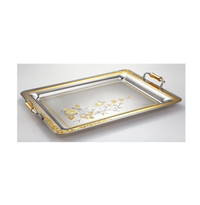 ถาดเสิร์ฟอาหารสแตนเลสทรงสี่เหลี่ยมผืนผ้าสีเงินและสีทองพร้อมลายสลัก2024 - Product Image 1