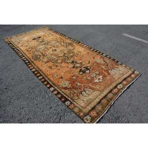 Vintage Turkish Classic Large Area Rug 5' X 11' <b>Brown</b> & Beige Patchwork Design <b>Wool</b> Material Latex Backing for Teen Living Room - Product Image 2