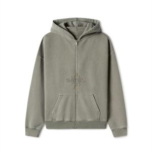 Sweat à capuche zippé intégral de qualité supérieure, délavé à l'acide, brodé, 100 % coton, coupe ample unisexe, décontracté d'hiver, poids moyen, épaules tombantes - Product Image 2