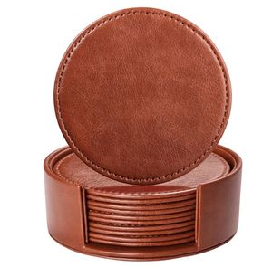 Multipurpose <b>Polished</b> Leather Absorbent Cup Coasters With Holder Tabletop Protect Mat Round Coasters Mats for Drinks - Product Image 3