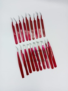 Ensemble de pinces à extensions de cils fabriquées en acier inoxydable japonais durable, revêtement rouge, pointe en fibre. - Product Image 6