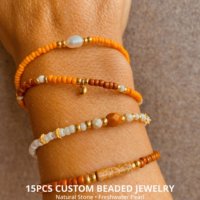 Bracelet artisanal personnalisé style automne en perles de rocaille et perles d'eau douce, ton citrouille, bijoux en pierre naturelle pour femmes, idéal pour les boutiques