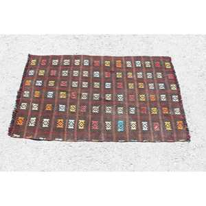 2.4x4.1 ft Turkish Vintage Rug, Small Rug, Kilim <b>Brown</b> <b>Wool</b> Rug - Product Image 3