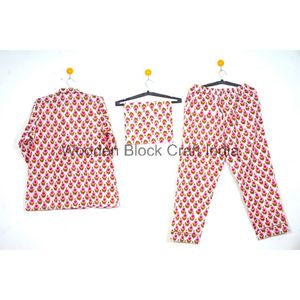 Ensemble de pyjama en coton imprimé à la main, élégant et tendance, pour femmes, respirant, 100% coton, pour l'été, indien - Product Image 5