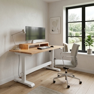 Bureau debout réglable en teck massif avec étagère surélevée pour moniteur, cadre en acier blanc, table de travail ergonomique moderne pour bureau à domicile - Product Image 4