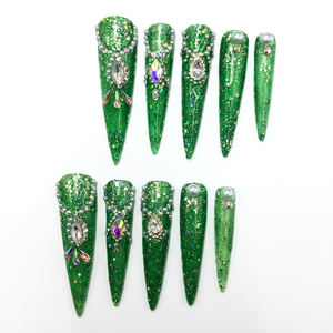 Uñas Postizas de Lujo Aura Chic, Diseño de Diamantes Verdes en Forma de Ataúd, 10 Piezas, Acrílicas, Fáciles de Aplicar, Set de Arte para Uñas - Product Image 1