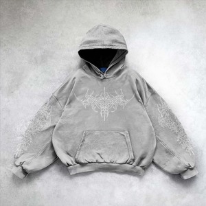 Streetwear personnalisé de créateur Sweat à capuche unisexe épais et court Broderie délavée à l'acide Applique Patchwork Distressed Hoodies pour hommes - Product Image 2