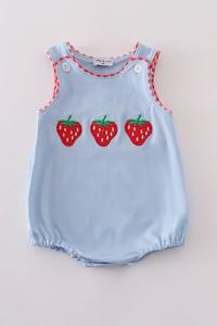 Ropa Infantil Honeydew, Lindo Vestido Azul Burbuja para Bebé con Bordado de Fresa, Algodón Suave Lavable, Traje de Verano con Cierre de Broche - Product Image 6