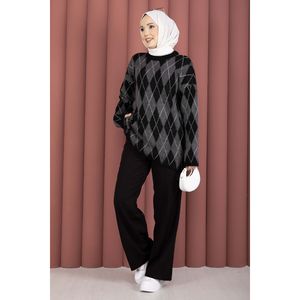 เสื้อสเวตเตอร์ถักนิตติ้งแบบลำลองลายบาคลาวา นุ่มสบายสำหรับฤดูใบไม้ร่วง สีดำ - Product Image 1