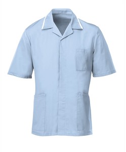 Blouse de laboratoire unisexe blanche à manches courtes avec bordure menthe en toile, tenue de travail hospitalière KATBROS INDUSTRY, thermocollage sans couture - Product Image 2