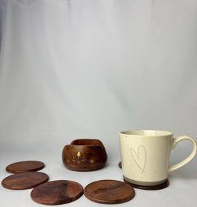 Lotus Design Wood Engraved Round Wooden <b>Coaster</b> with Lid for <b>Table</b> Decoration and Gift Walnut <b>Coaster</b> - Product Image 1