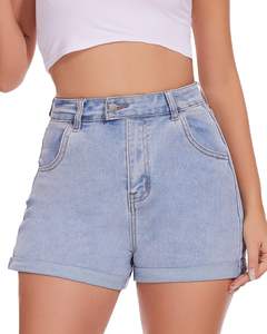 Pantalones cortos de mezclilla de cintura alta para mujer Pantalones cortos de mezclilla con dobladillo elástico Pantalones cortos de mezclilla con puños de verano transpirables - Product Image 1