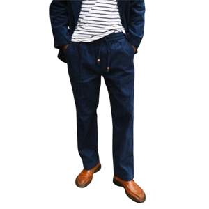 Pantalón de hombre antiarrugas Pantalón de pana azul marino con cintura elástica teñida lisa con bolsillo lateral con cremallera, elaborado con felpa 100% algodón - Product Image 3