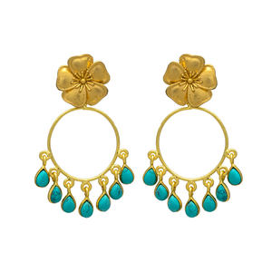 New Arrival Gold Plated Unique Flower Design Dangle <b>Earrings</b> With <b>Green</b> Onyx Gemstone Brass <b>Earrings</b> - Product Image 1